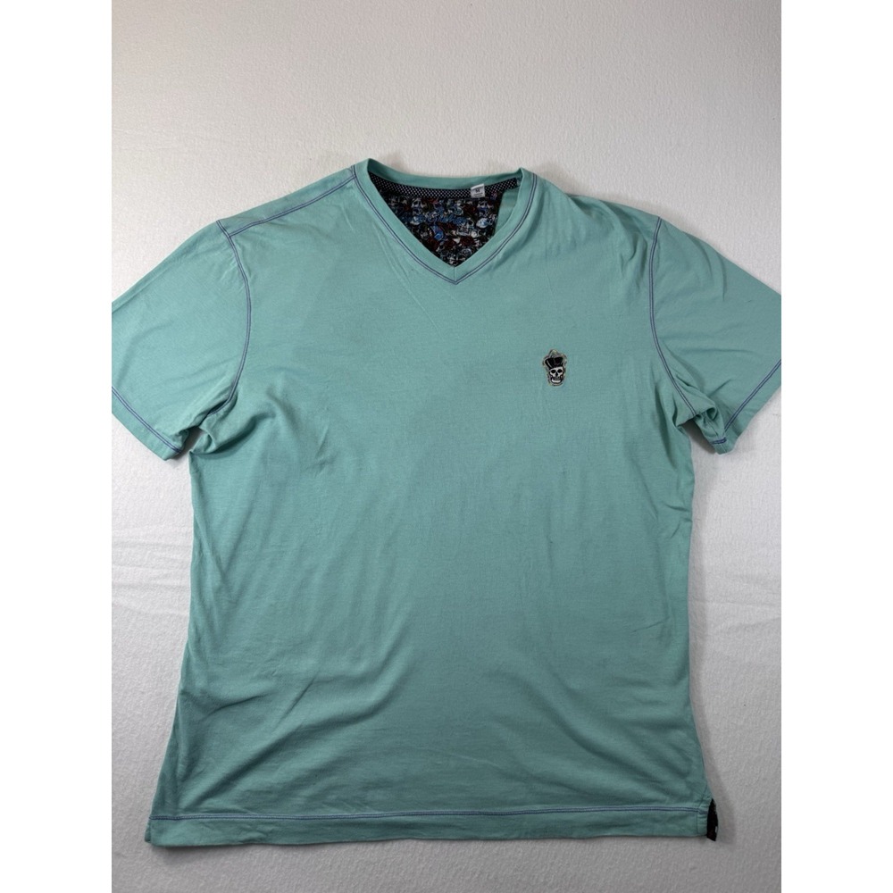 Robert Graham Mens V-Neck T Shirt Medium Teal Short Sleeve Skull Preppy Casual